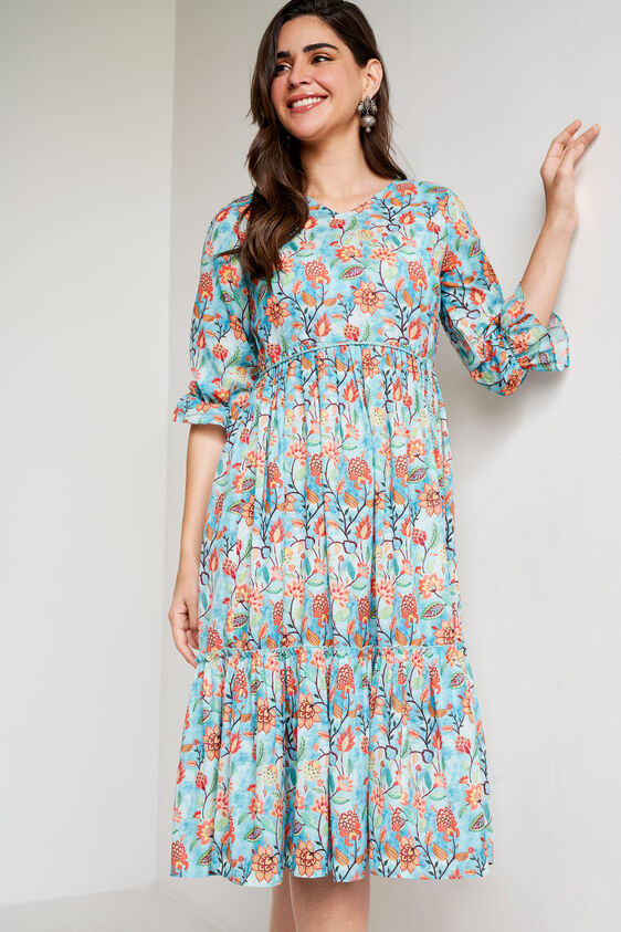 Blue Floral Flared Dress, Blue, image 2